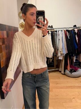 Universal Thread Cream V-Neck Open Eyelet Knit Sweater